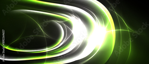 Abstract swirls, bright green, white light. Dynamic composition, smooth curves, dark background creates contrast. Energetic visual effect.