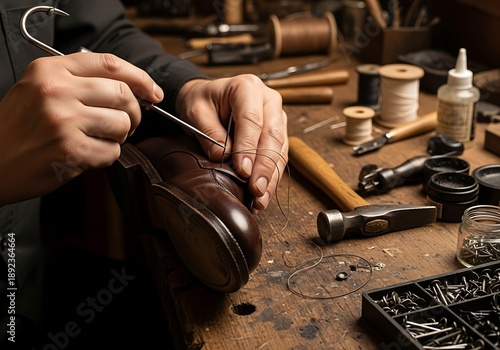 Cobbler sewing leather shoe