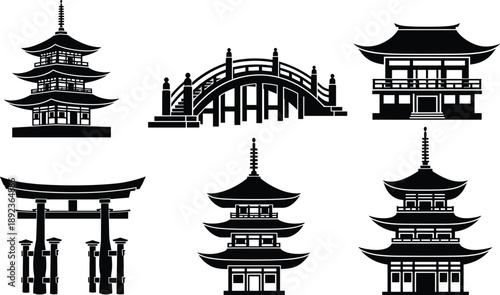 Collection of traditional Japanese architectural silhouettes featuring pagodas, torii gate, arched bridge, and oriental temple structures, vector icons for Asian culture and travel design,