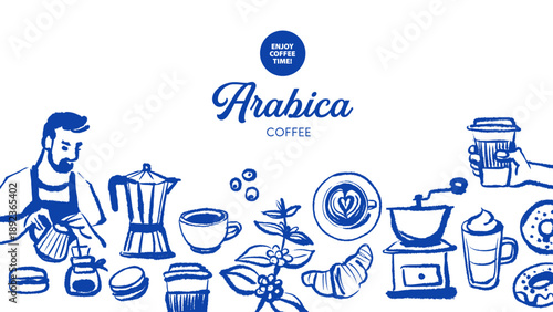 Hand drawn vintage coffee background. Cafe menu and packaging design. Crayon doodle sketch vector illustration.