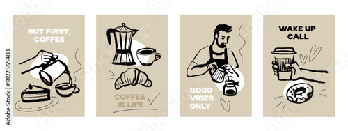 Hand drawn vintage coffee banner set. Cafe menu, poster and packaging design. Crayon doodle sketch vector illustration.
