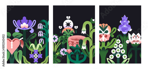 Greeting cards designs with abstract flowers set. Postcard templates with irregular and symmetrical shapes of wildflowers. Modern layouts with blooming plants and leaves. Flat vector illustrations