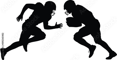 Black, American, football, players, silhouette, running, with, ball, action, sports, competition, match, isolated, on, white, background, vector, illustration, for, design.