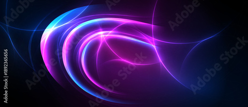 Abstract swirls, vibrant magenta, blue hues dominate dark background. Flowing lines create dynamic energy, soft glow radiates.