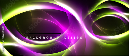 Abstract design features vibrant purple, green glows. Dynamic curves create flowing energy, modern aesthetic. Dark background emphasizes luminosity.