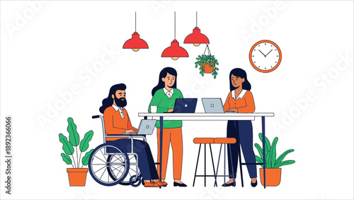 Diverse Team of Employees Working on Laptops and Computers, Promoting Disability Inclusion.eps