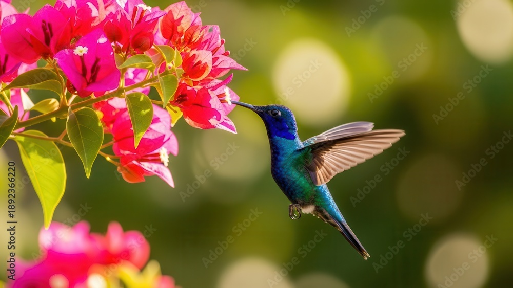 Fototapeta premium Hummingbird Feeding on Pink Flowers in Garden