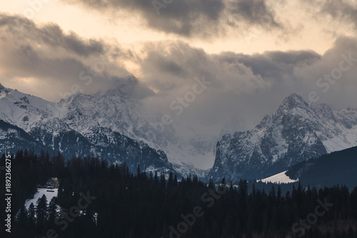 Scenic winter landscape of the Tatra Mountains at dawn. Snow-covered peaks and frosty pine forests under a crisp blue morning sky.
