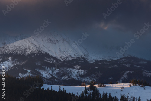 Scenic winter landscape of the Tatra Mountains at dawn. Snow-covered peaks and frosty pine forests under a crisp blue morning sky.