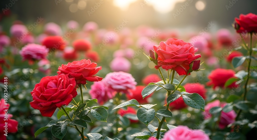 Obraz premium Vibrant roses in full bloom with lush greenery and soft sunlight