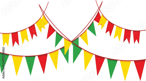 Colorful pennant flags, festive decoration elements, celebration banner graphics, triangular party streamers, hanging ornament vectors, cheerful event design