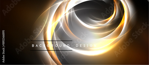 Abstract golden lines swirl, creating dynamic energy. Dark background emphasizes bright illumination, modern design element.