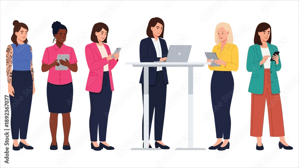 Obraz premium Diverse Women Business Professionals Using Digital Devices, Modern Office Team Illustration.eps