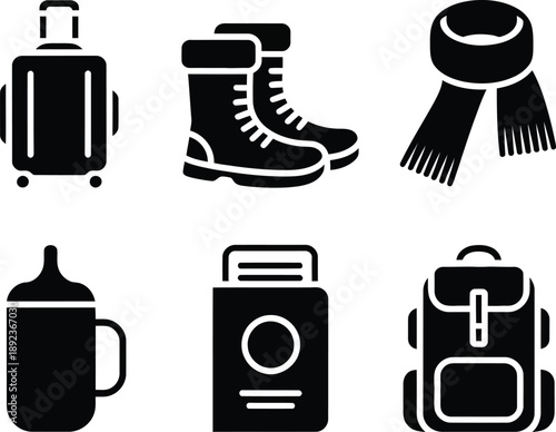 Travel essentials icons showing a suitcase, boots, scarf and more.
