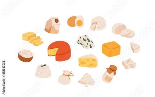 Flat vector dairy and cheese products set isolated on white background. Milk, butter, eggs, cream, yogurt, cottage cheese, parmesan, cheddar, blue cheese, cheese cubes, dairy food collection
