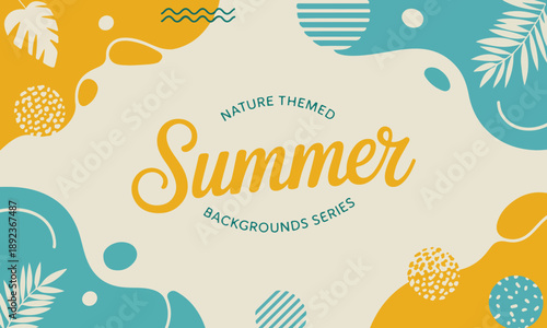 Summer nature themed backgrounds series with abstract shapes and tropical leaves, yellow and teal colors