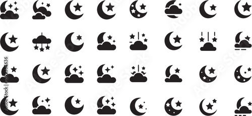 Collection of moon and cloud icons, night sky symbols set, weather icons, dark transparent background