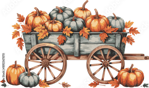 Rustic wooden cart overflowing with colorful pumpkins and autumn leaves for fall harvest and thanksgiving vector illustration