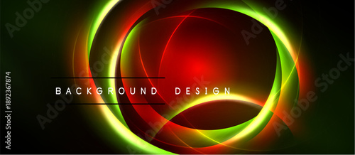 Abstract design features vibrant glowing lines, circles, red, green hues. Dark background enhances luminosity, creating dynamic visual effect.