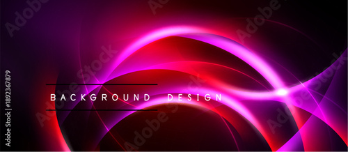 Abstract neon curves, vibrant red, purple hues. Dark background creates dramatic visual effect. Modern design element.