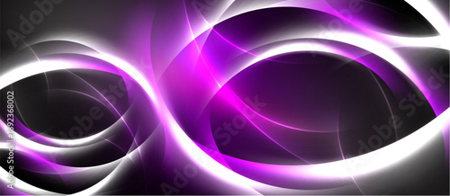Abstract design features flowing purple, white lines. Dynamic curves create luminous shapes against dark background. Modern, energetic composition.