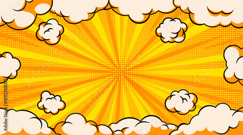 Comic book halftone sky background with pop art bursting clouds, vector illustration. Dynamic cartoon sky explosion with radiation graphic effect, super hero retro banner