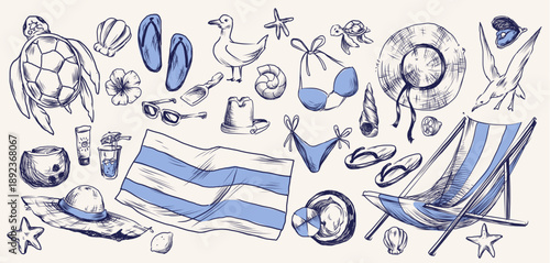 Vintage beach sketch set with coastal icons and summer sea vacation elements, isolated on white bg. Hand drawn mediterranean doodles of bikini, sunglasses, hat and striped chair, turtle and seashells