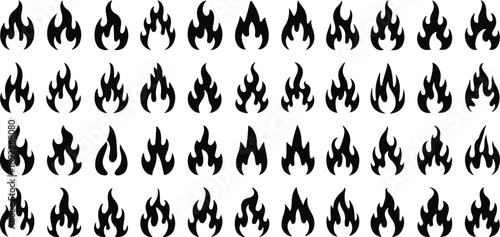 Collection of black fire icons, flame symbols in various shapes and sizes, abstract representation of heat and energy, graphic elements