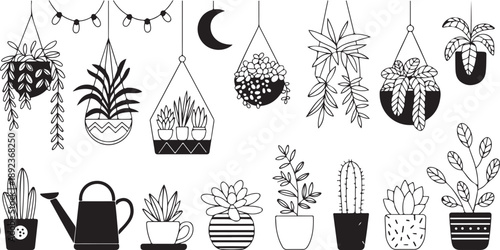 Collection of potted houseplants in various styles, silhouette icons for home decor and botanical enthusiasts