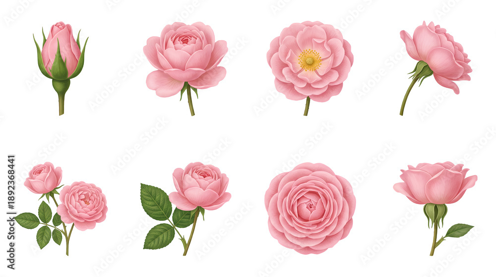 Fototapeta premium Pink rose flower set including bud, blossom, bloom, and leaf variants isolated. Floral botanical illustration for wedding and garden design.