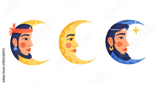 Collection of three distinct crescent moon faces featuring stylized individuals representing celestial mystery and wonder