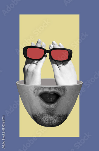 Collage with a man's head with female hands with glasses inside	