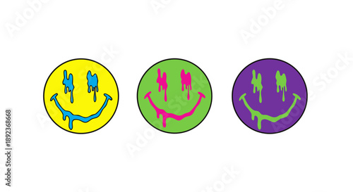 Collection of three vibrant melting smiley face icons featuring neon colors and dripping expressive designs