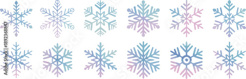 Colorful snowflakes in pastel shades of blue pink and purple isolated on transparent background winter holidays season celebration