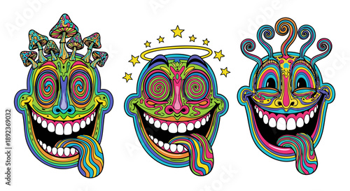 Trippy psychedelic cartoon faces featuring mushrooms stars and wildly colorful swirling designs