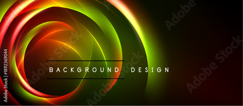 Abstract neon swirls, vibrant colors blend. Dark background emphasizes glowing circular design. Modern aesthetic, dynamic composition.