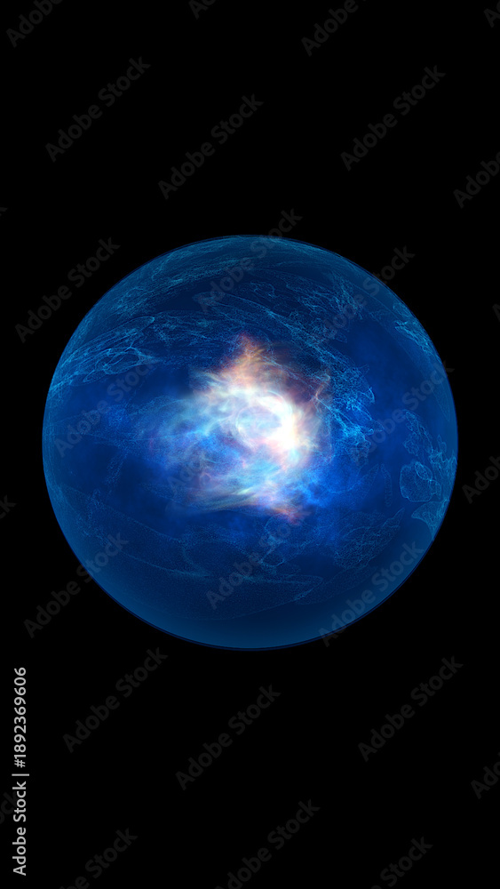 Obraz premium Radiant blue spherical energy mass with swirling glowing textures suspended in darkness