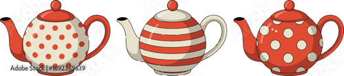 Set of three cartoon teapots in red and white patterns, polka dots and stripes, ceramic kitchenware for serving tea, cute collection