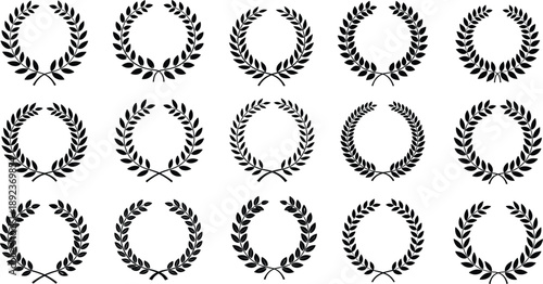 Set of Black Laurel Wreaths and Circular Leafy Frames on White Background Keywords: laurel wreath, frame, circular, leaves