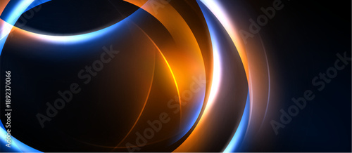 Abstract design features vibrant orange, blue curves. Dark background emphasizes glowing lines, creating dynamic visual effect. Modern, sleek presentation.