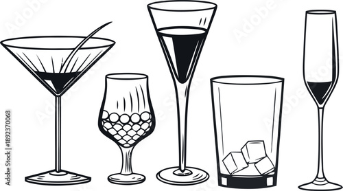 Stylish vector line art illustration of an assortment of empty glassware, including wine, champagne, and cocktail glasses, perfect for bar menus or beverage design