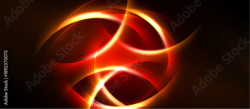 Abstract design features vibrant red, orange lines. Curves intersect creating glowing effect against dark background. Dynamic composition.