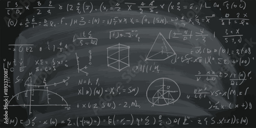 Black chalkboard with mathematical formulas equations and geometric shapes handwritten science education background