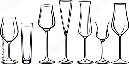 Collection of assorted wine and cocktail glasses in a vector illustration, perfect for beverage or bar-related designs