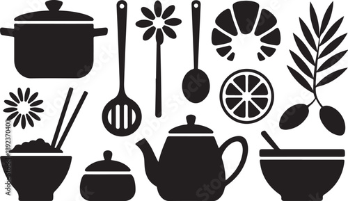 Kitchen utensils and cooking items for food preparation, culinary tools and ingredients for healthy eating