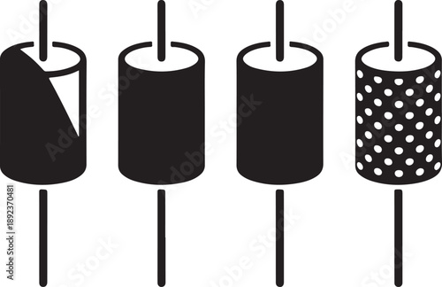 Set of four cylindrical objects with holes, representing industrial components or abstract shapes on transparent background