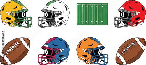 Collection of american football helmets sports equipment and field isolated on transparent background vector illustration