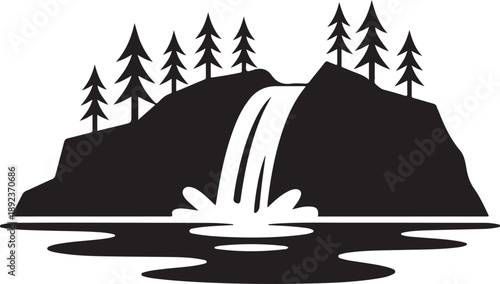 Black silhouette of waterfall with pine trees and reflection in water isolated on transparent background vector art