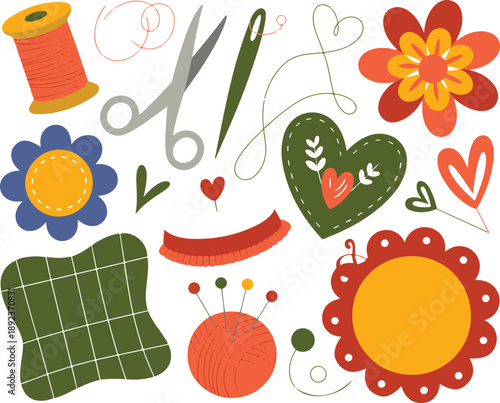 Sewing kit with thread spool, scissors, needle, pins, hearts, and flowers.