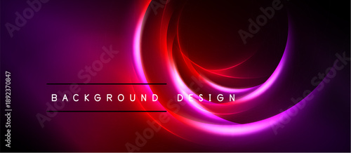 Abstract neon swirls, vibrant pinks, reds dominate dark background. Text reads background design. Modern, dynamic visual presentation.